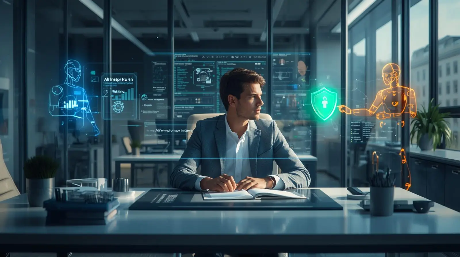 Ein Büroarbeitsplatz im Jahr 2026, an dem eine Fachkraft strategische Entscheidungen trifft, während im Hintergrund visualisierte KI-Agenten selbstständig Daten analysieren, Sicherheitschecks durchführen und Workflows steuern.
